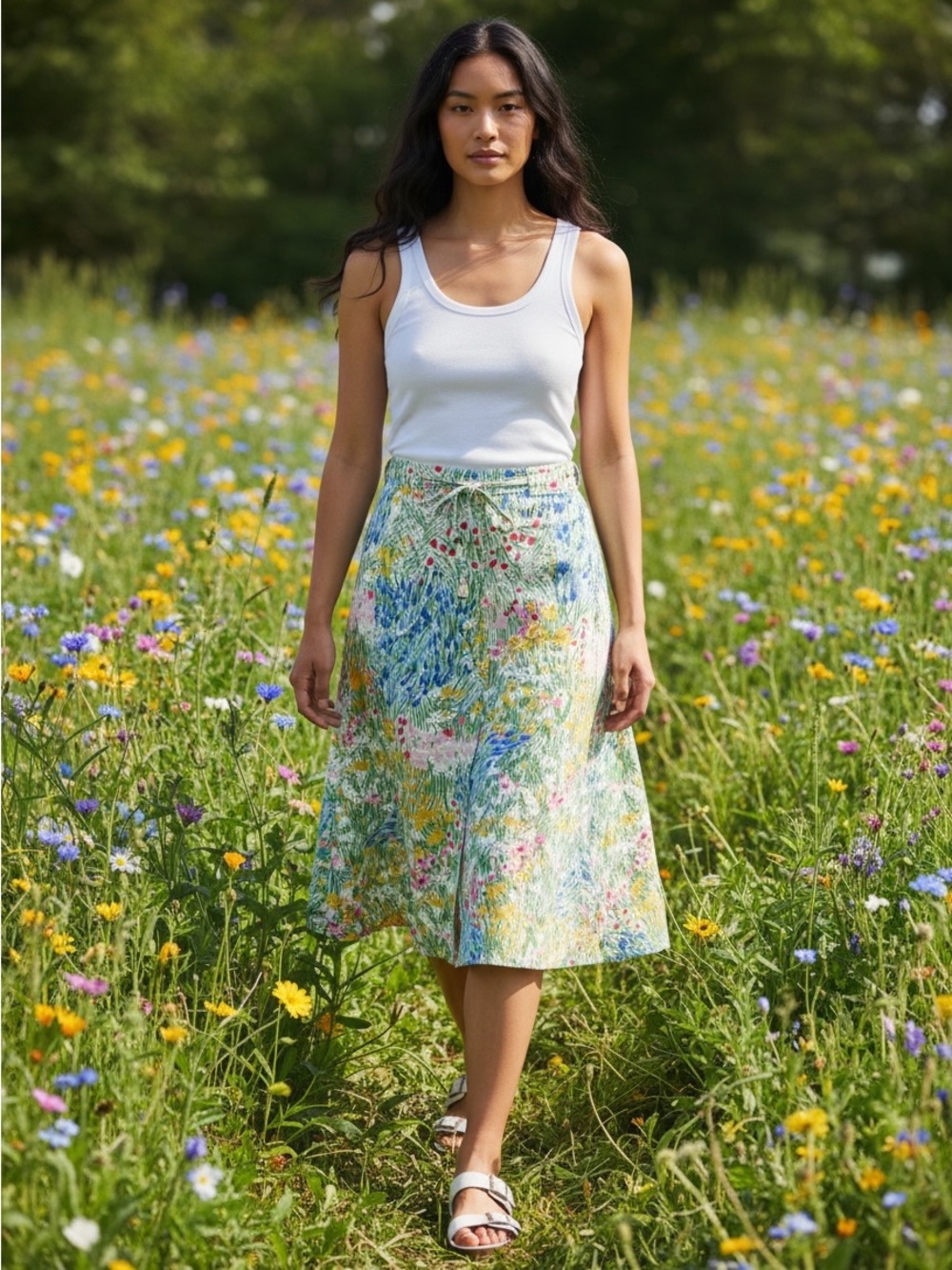 Vintage Strawberry Fields Floral Meadow A-Line Skirt in Multi-Color